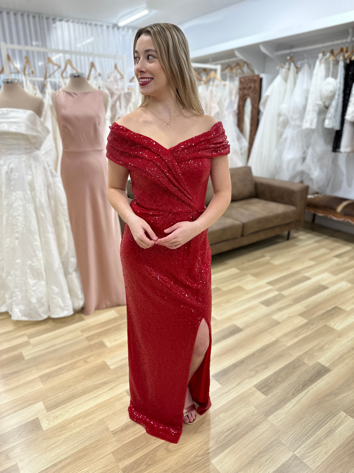Evanie Draped Off Shoulder Sequin Gown | Bariano Evanie Draped Off Shoulder Sequin Gown | Bariano