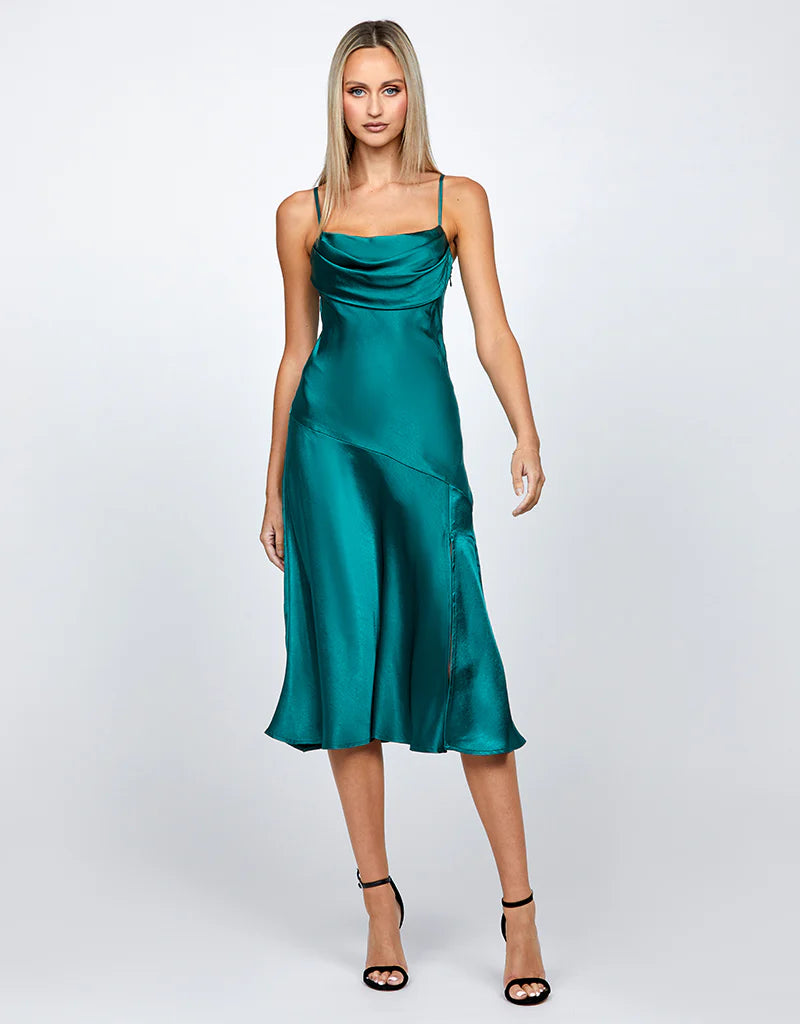 Peita Satin Cowl Neck Midi Emerald - Dress - Bariano
