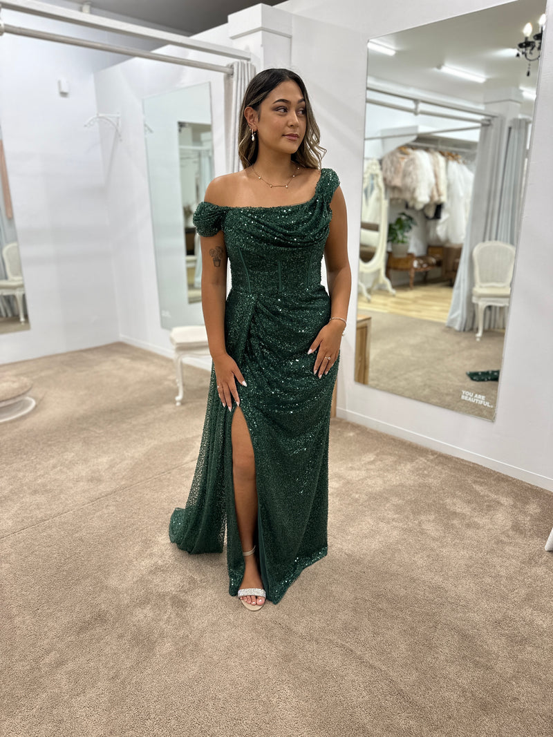 Ethel Cowl Neck Gown Emerald - Dress - Bariano