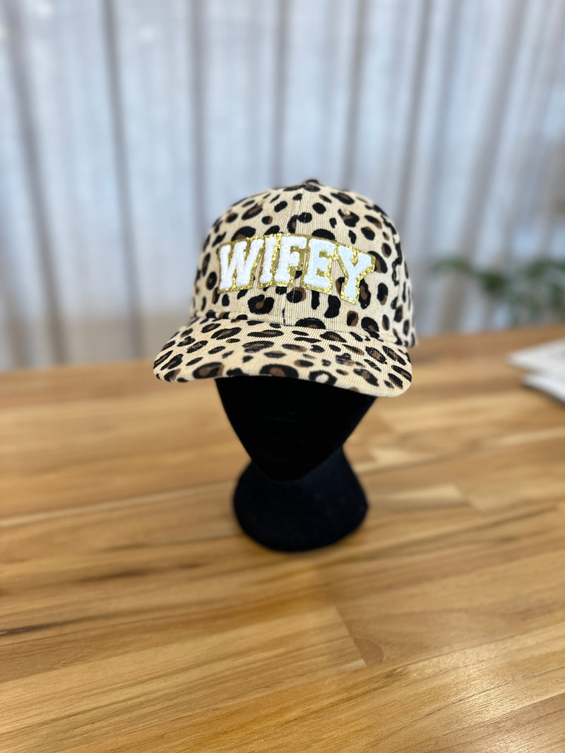 WIFEY corduroy cap with leopard print, stylish giftware by Honey Fawn Boutique, featuring a trendy and casual design.