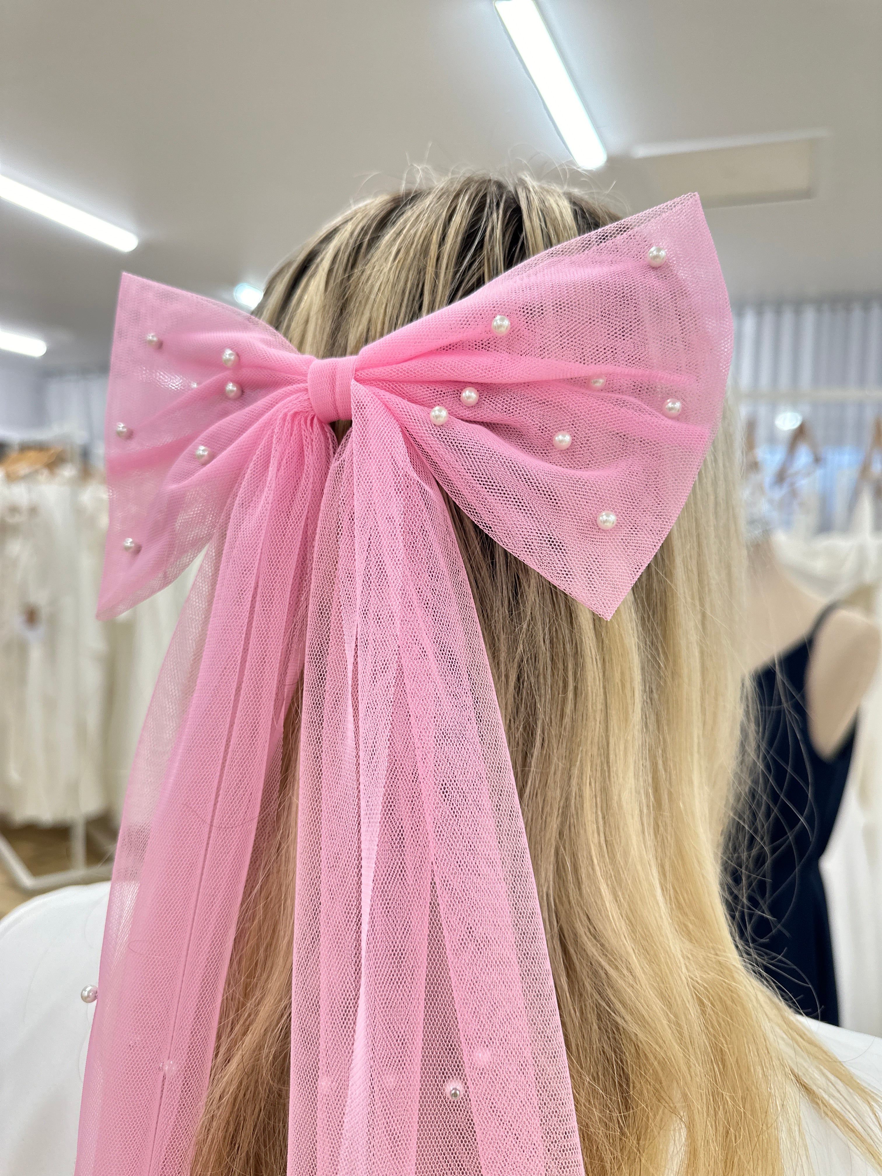 Pink Tulle And Pearl Bow Hair Clip | Honey Fawn | Honey Fawn Boutique