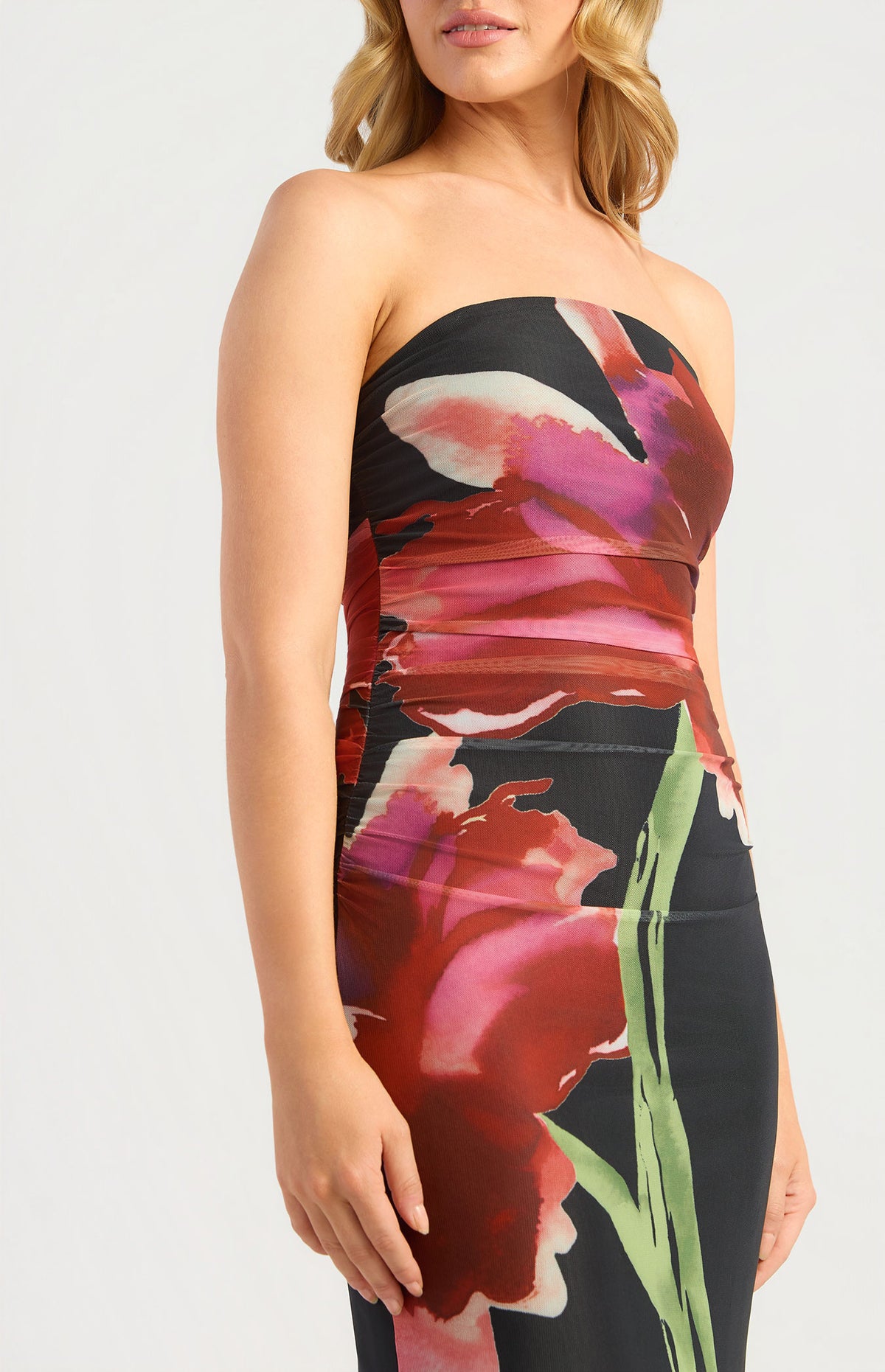 Floral Strapless Mesh Midi Dress Black - Dress - Style State