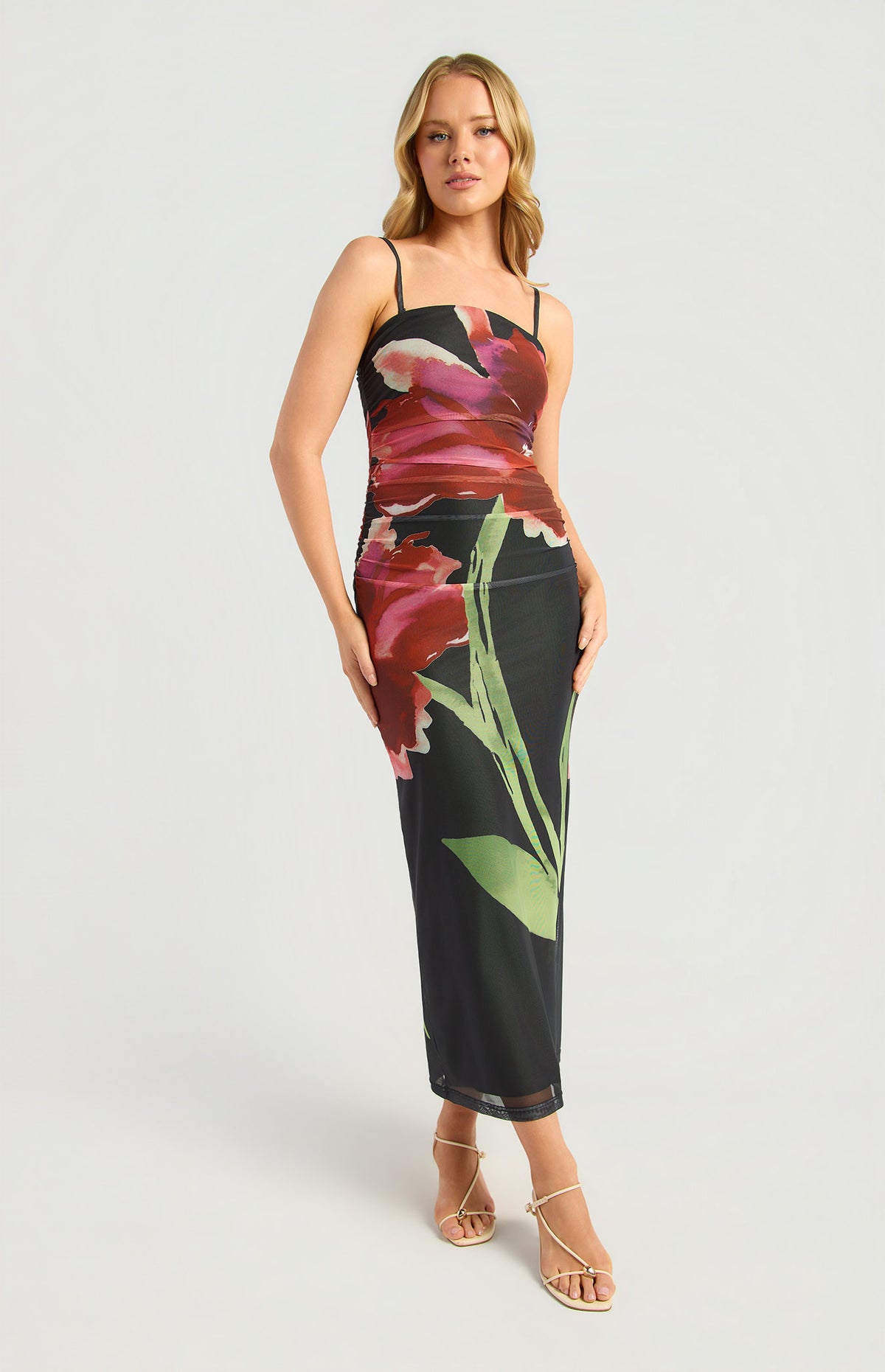 Floral Strapless Mesh Midi Dress Black - Dress - Style State