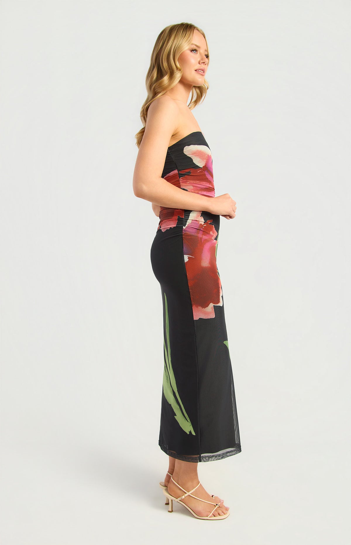 Floral Strapless Mesh Midi Dress Black - Dress - Style State
