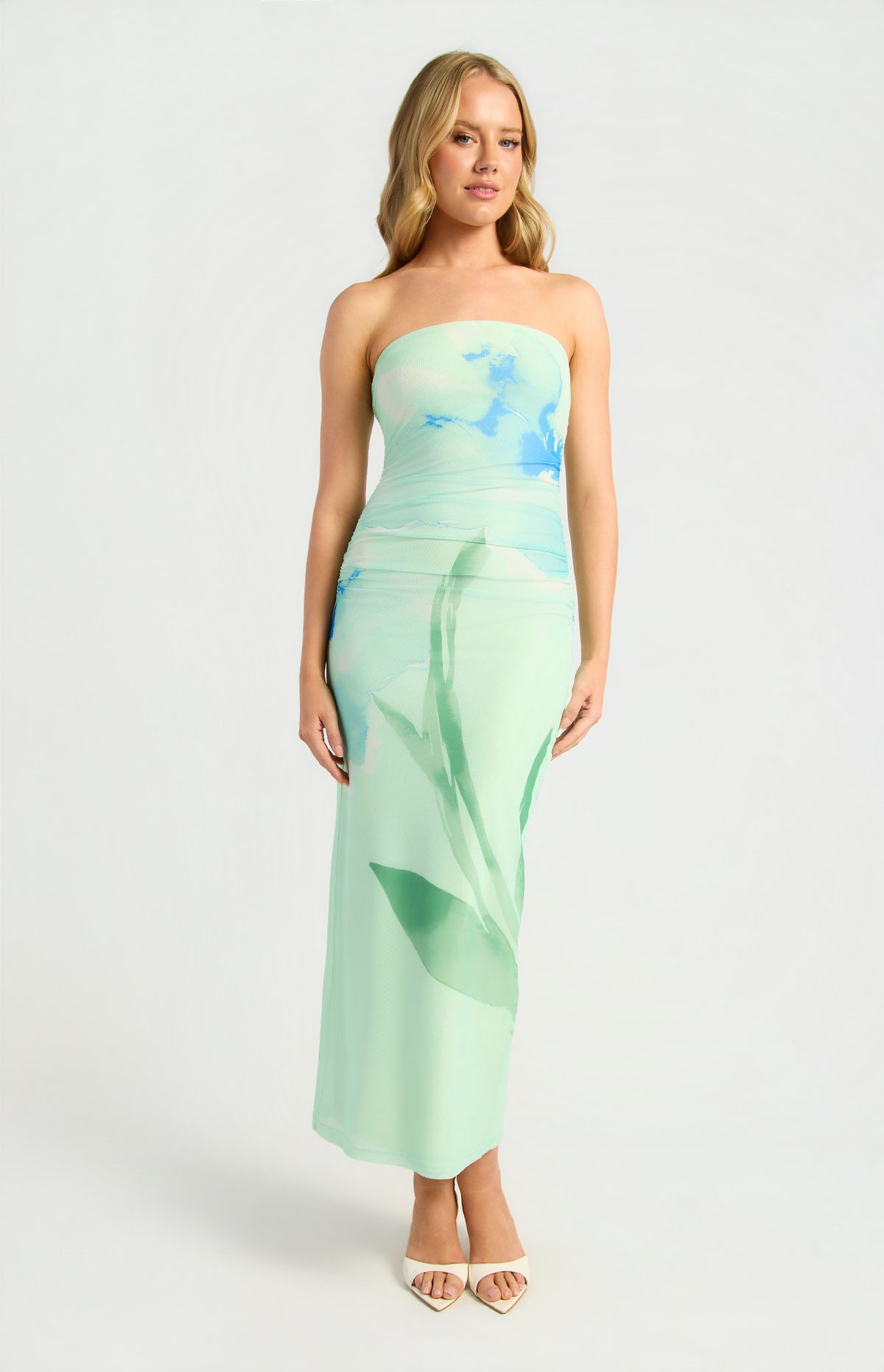 Floral Strapless Mesh Midi Dress Mint