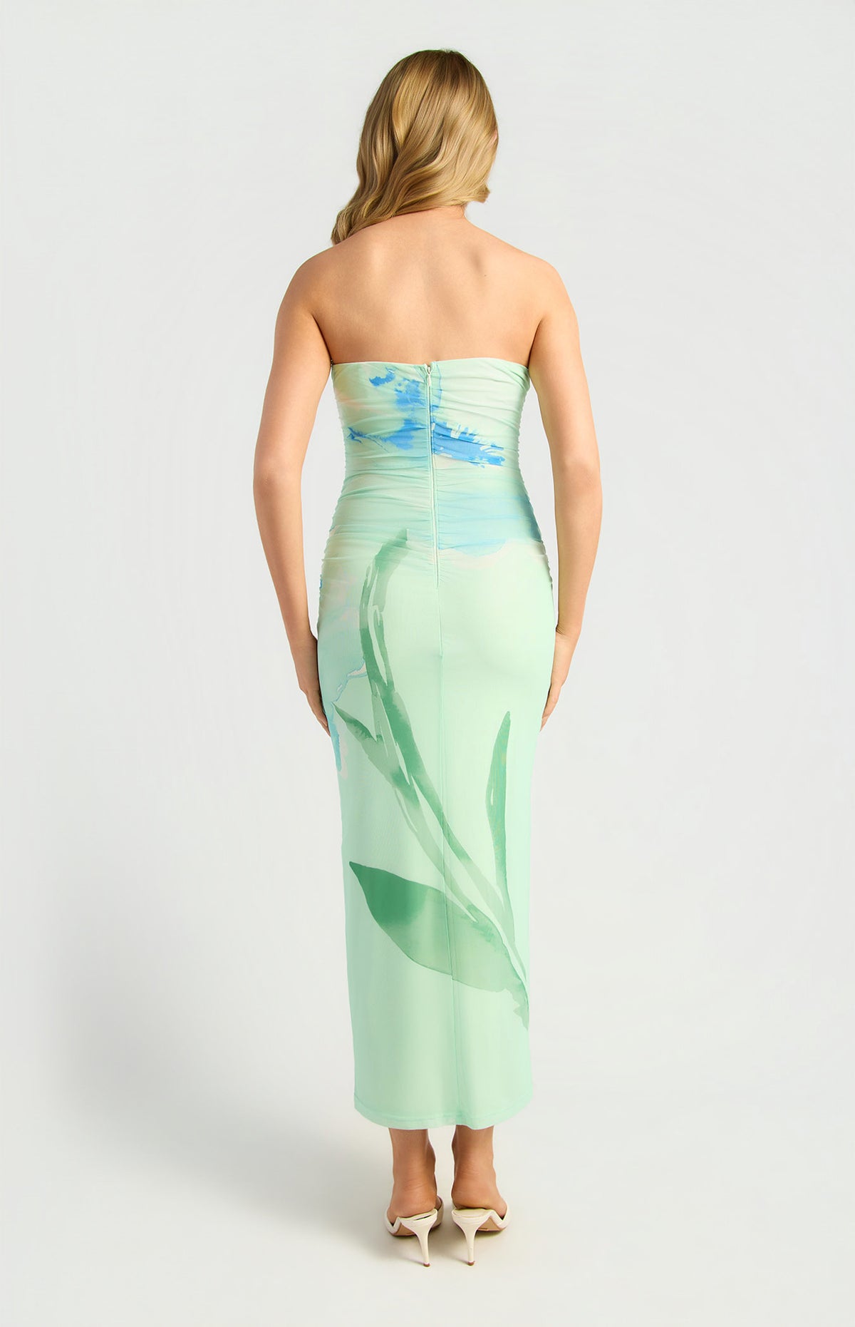 Floral Strapless Mesh Midi Dress Mint