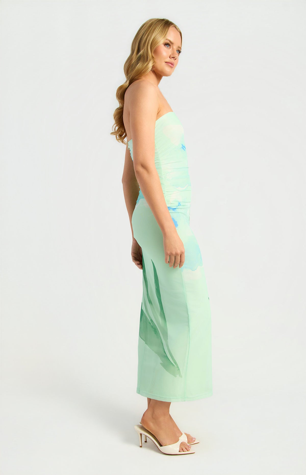 Floral Strapless Mesh Midi Dress Mint