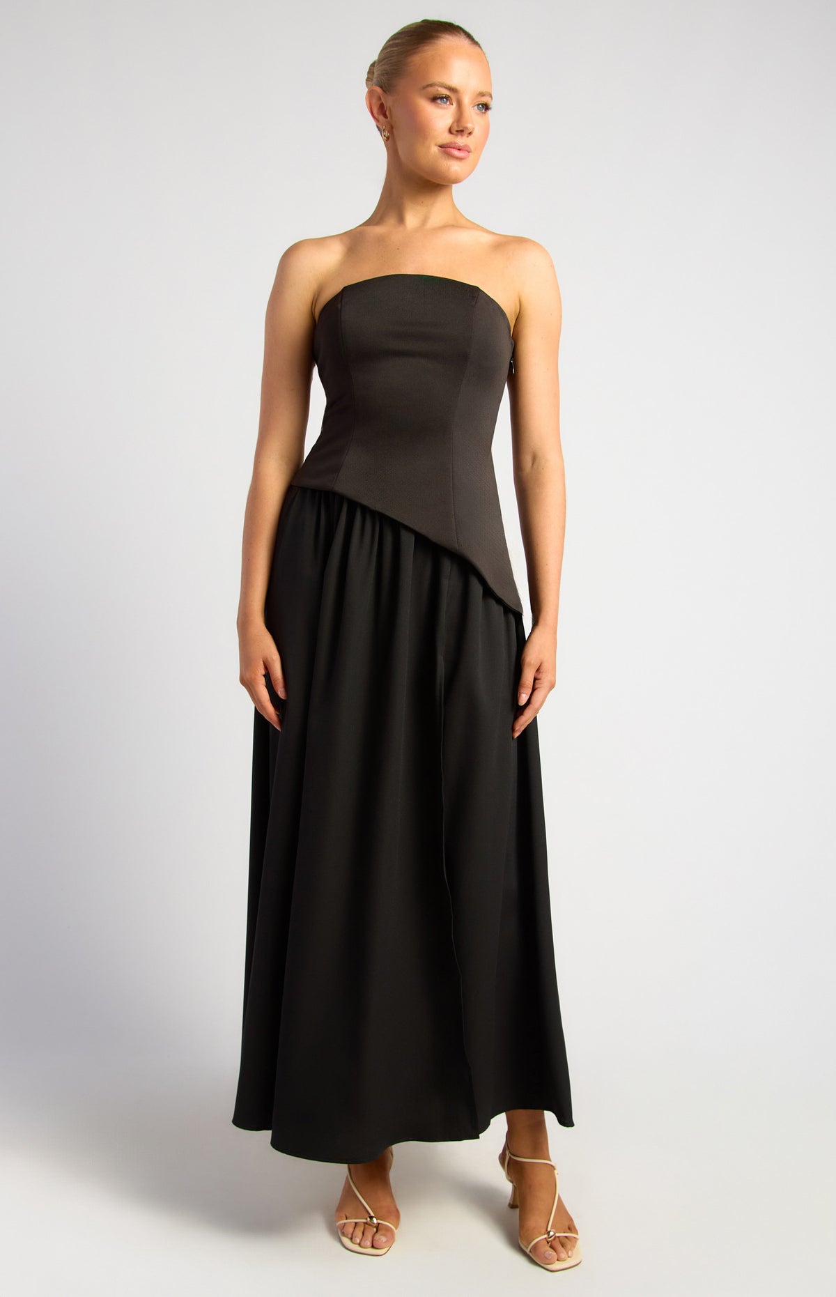 Strapless Asymmetric Bodice Maxi Dress