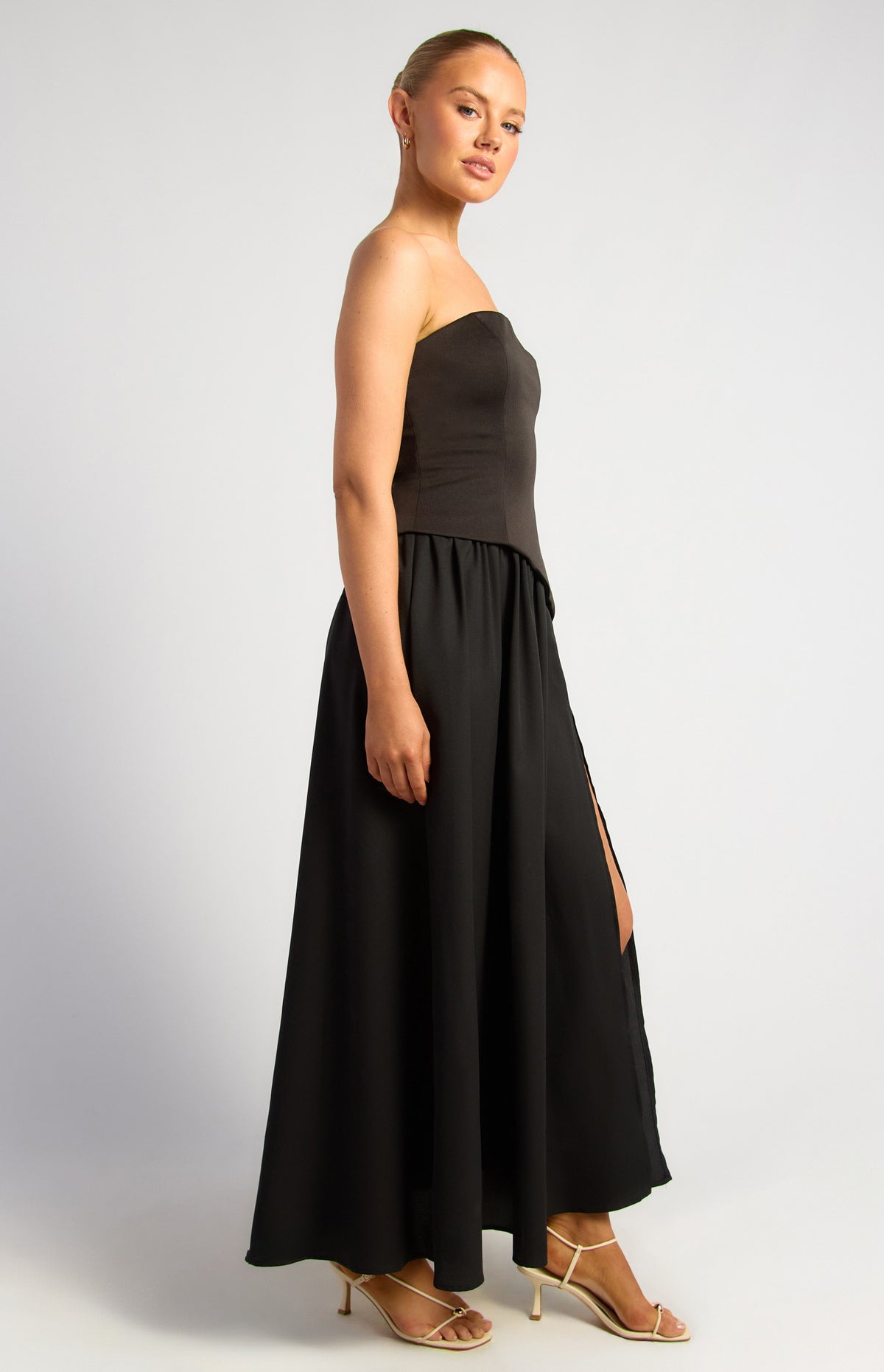 Strapless Asymmetric Bodice Maxi Dress