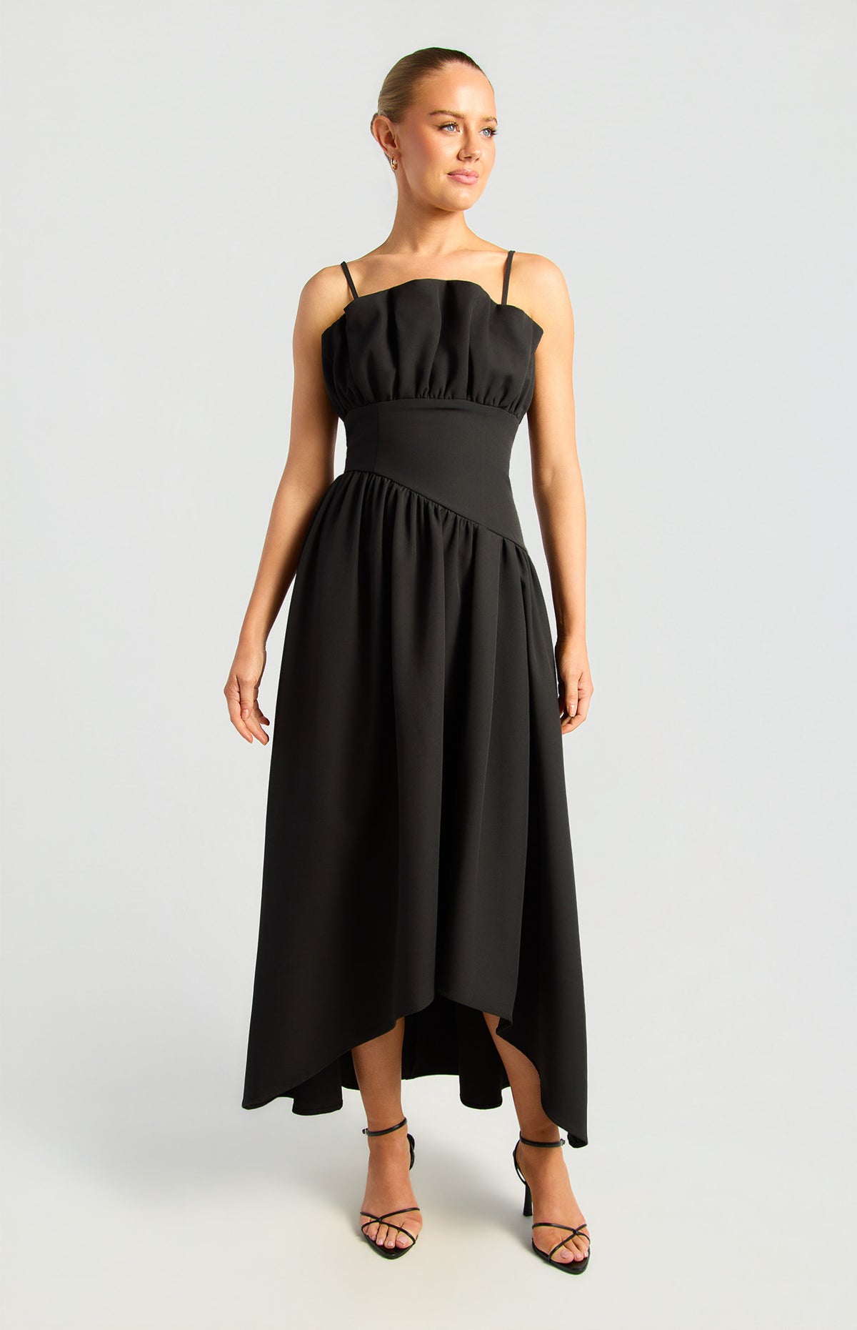 Ruffle Asymmetrical A-Line Midi Dress Black