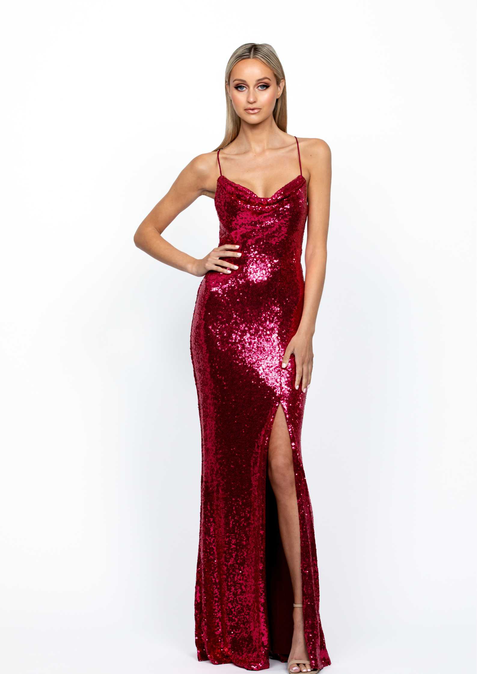 Stephanie Cowl Sequin Gown Cherry Red – Honey Fawn Boutique