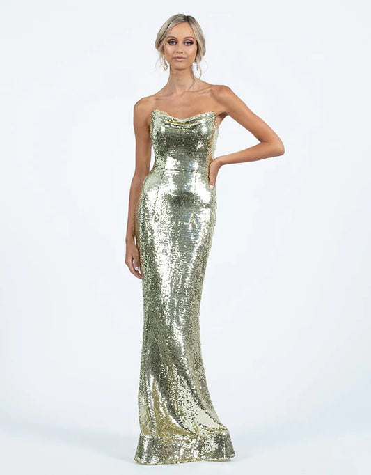 Alaia Cowl Sequin Gown Pale Gold